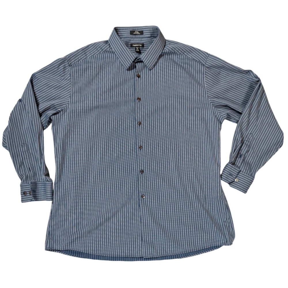 Claiborne Button Down Mens 18 Blue White Stripe‎ Fitted Wrinkle Free Workwear
